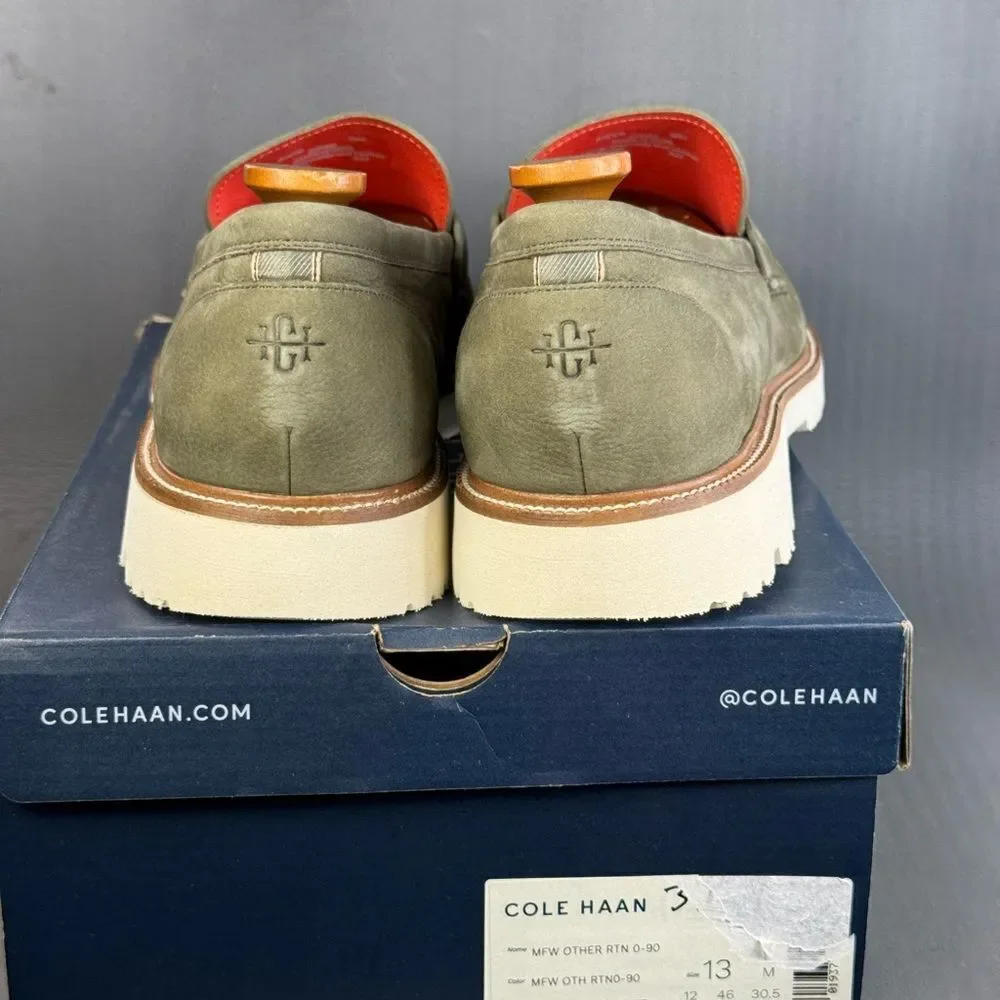 Cole Haan Olive Green Suede Penny Loafers with White Sole